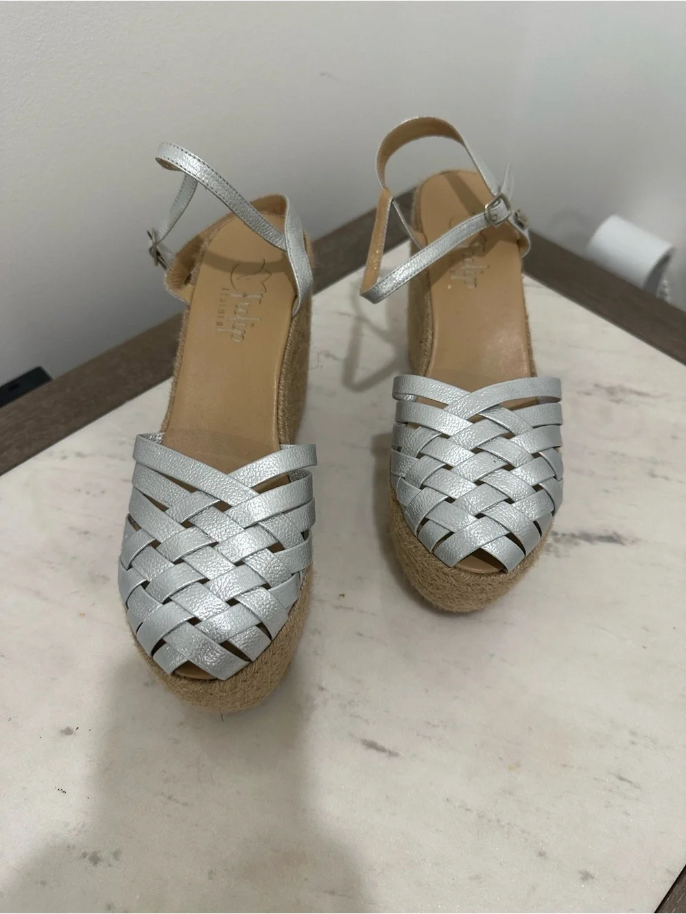 Metallic Silver Woven Espadrille Platform Wedge Sandals